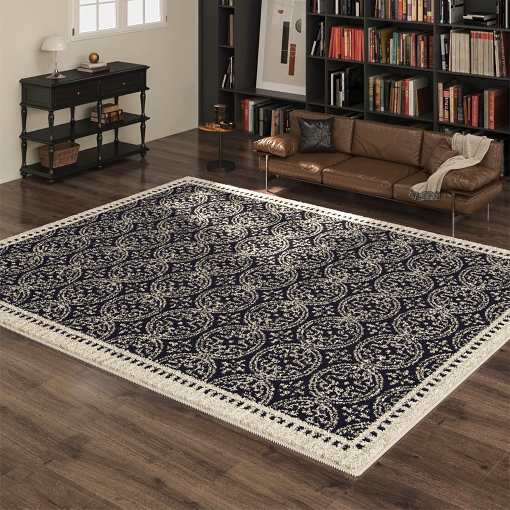 Traditioneller Waschbarer Teppich in Schwarz und Creme - Langlebig, Pflegeleicht für Wohnzimmer und Haustiere-1