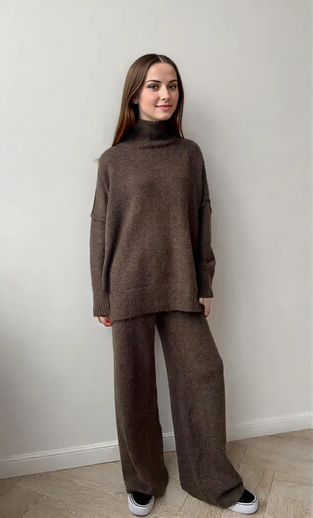 Variant image for Damen Strick Rollkragenpullover Hosenensemble Beige Weicher Strickstoff Pflegeleicht-4