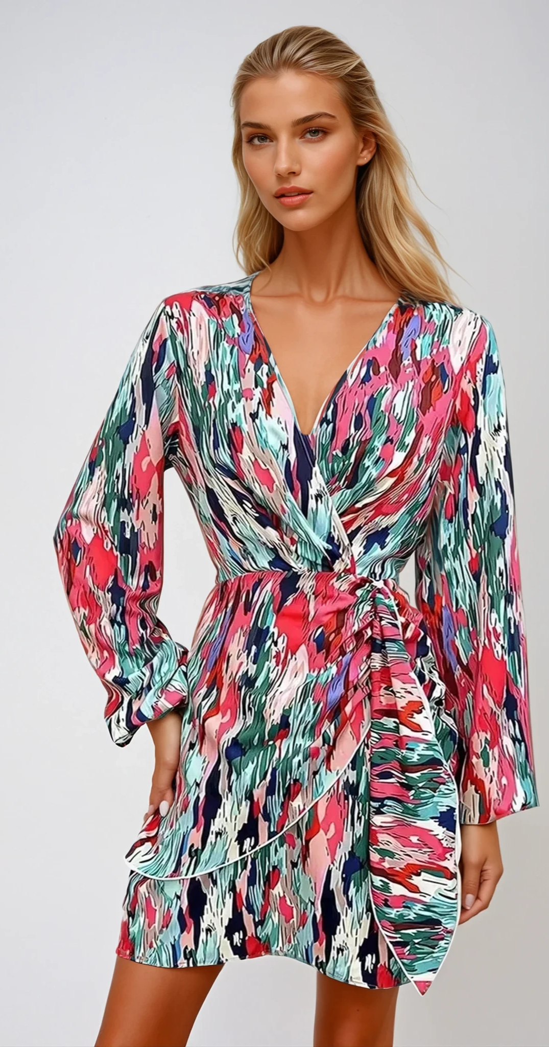 FLORAL FANTASY – Mini Kleid mit Wickeloptik und Ballonärmeln