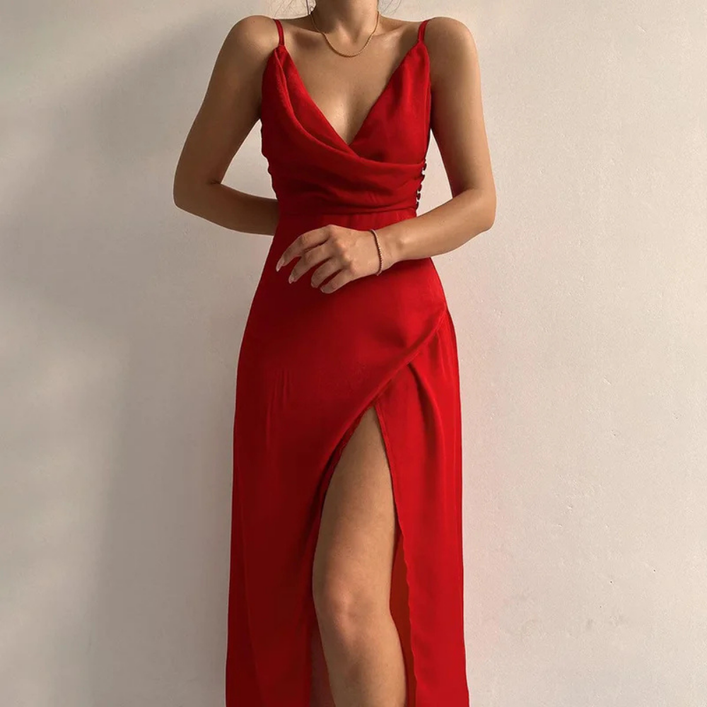 Damen Abendkleid Lang Mit Schlitz V-Ausschnitt Schwarz Elegantes Design Für Hochzeiten und Bälle-4