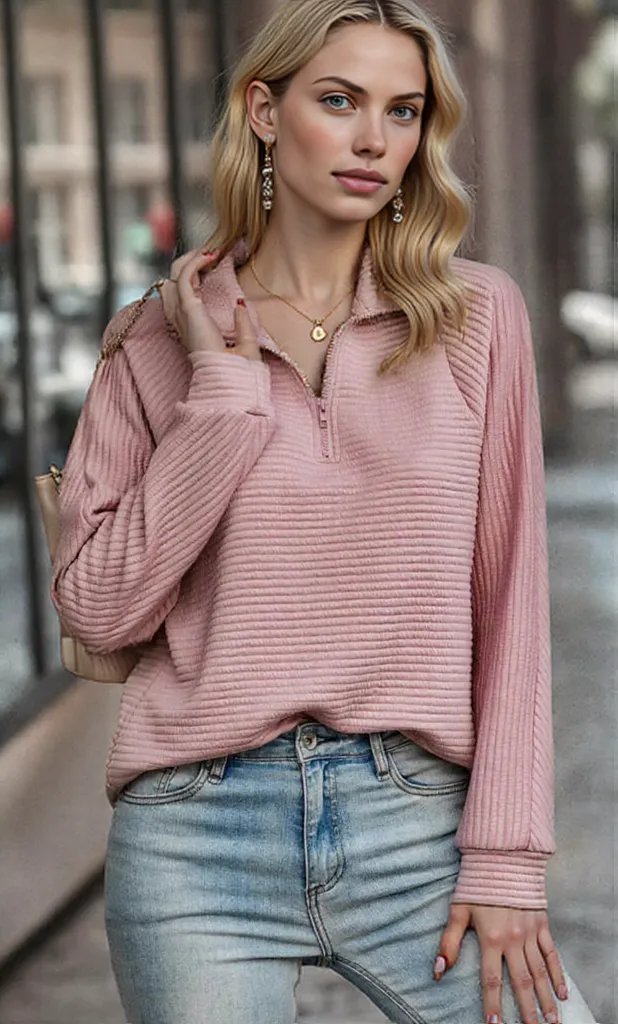 Frauen Pullover Viertel-Zip Strukturierter Stoff Bequem Herbst Winter-6