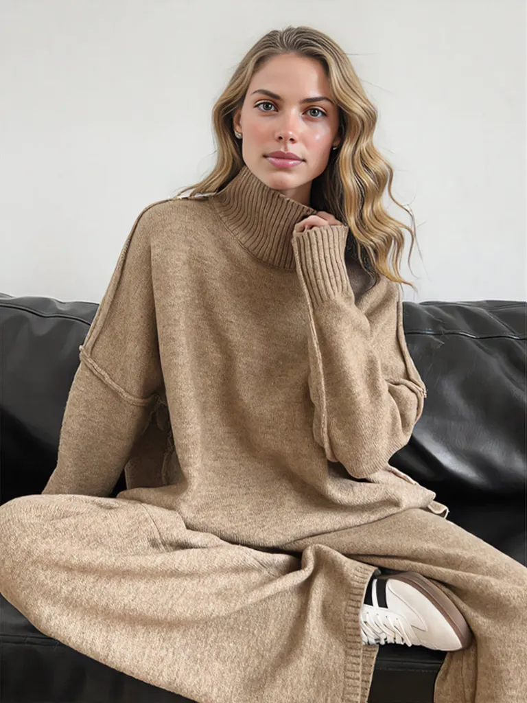 Damen Strick Rollkragenpullover Hosenensemble Beige Weicher Strickstoff Pflegeleicht-2