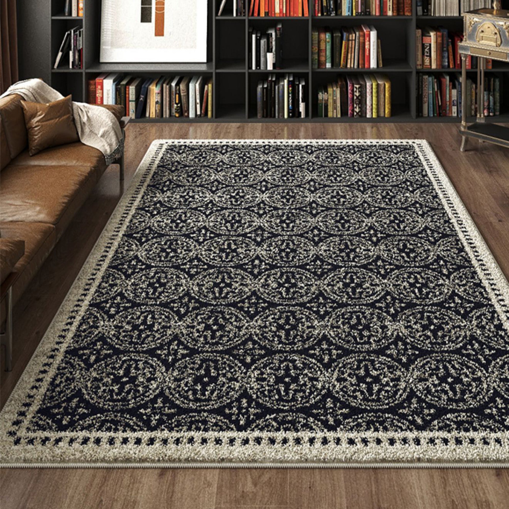 Traditioneller Waschbarer Teppich in Schwarz und Creme - Langlebig, Pflegeleicht für Wohnzimmer und Haustiere-3