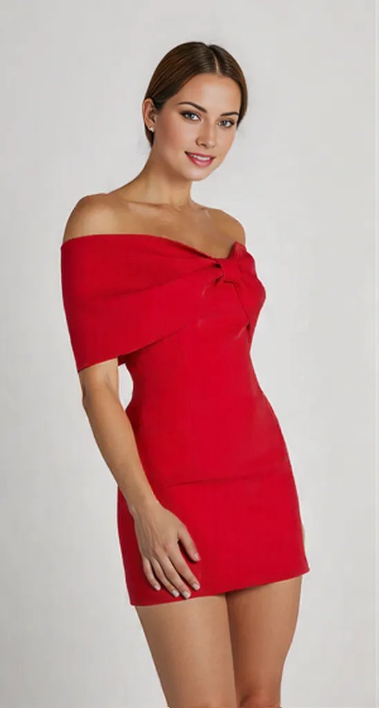 Damenkleid Off-Shoulder Mini mit Bogenakzent Rot Schwarz Weiß Festliche Kleider Größe S M L-1
