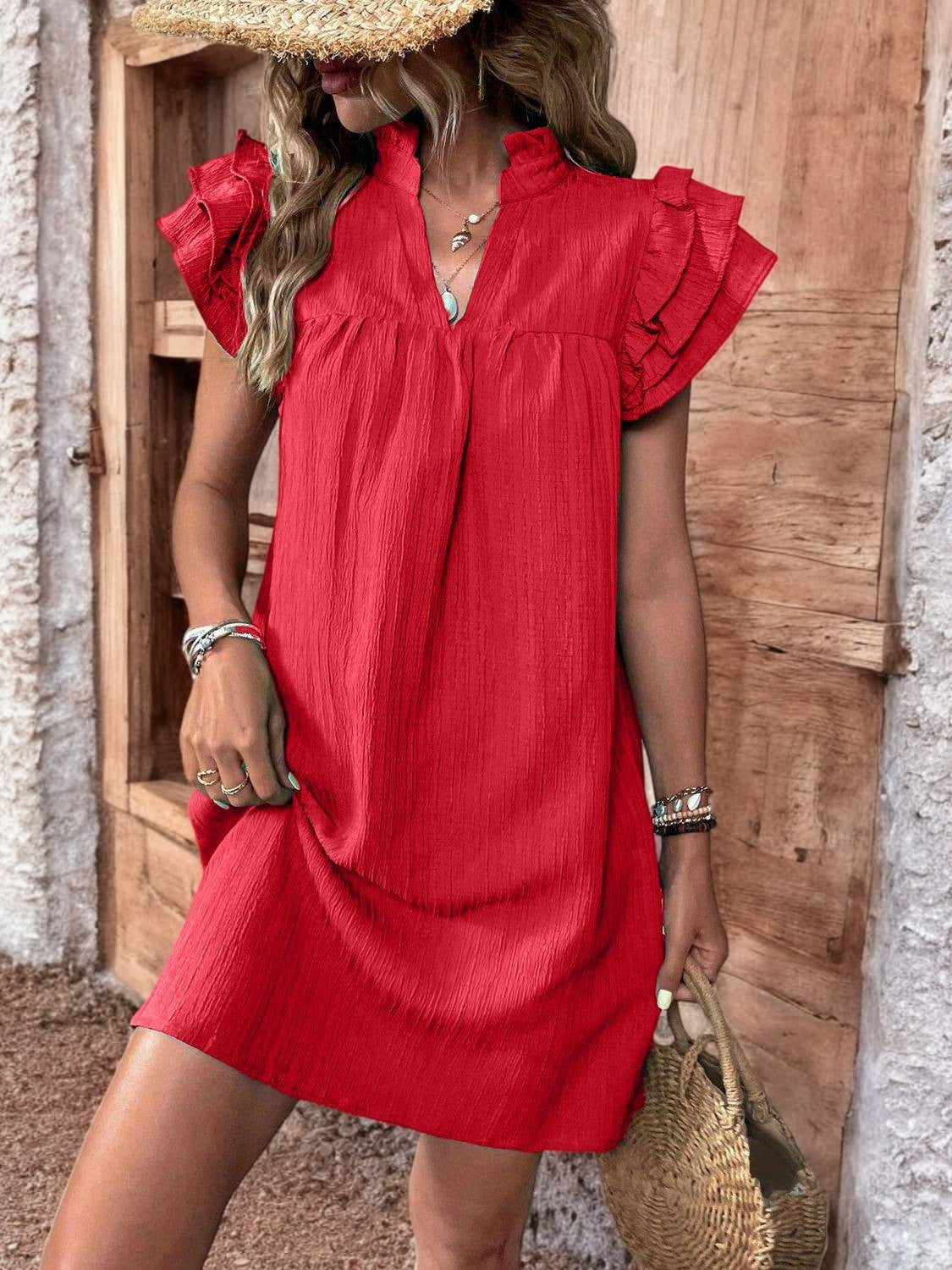 FLOWY CAP SLEEVE MINI DRESS – Kurzes Kleid mit Rüschendetails