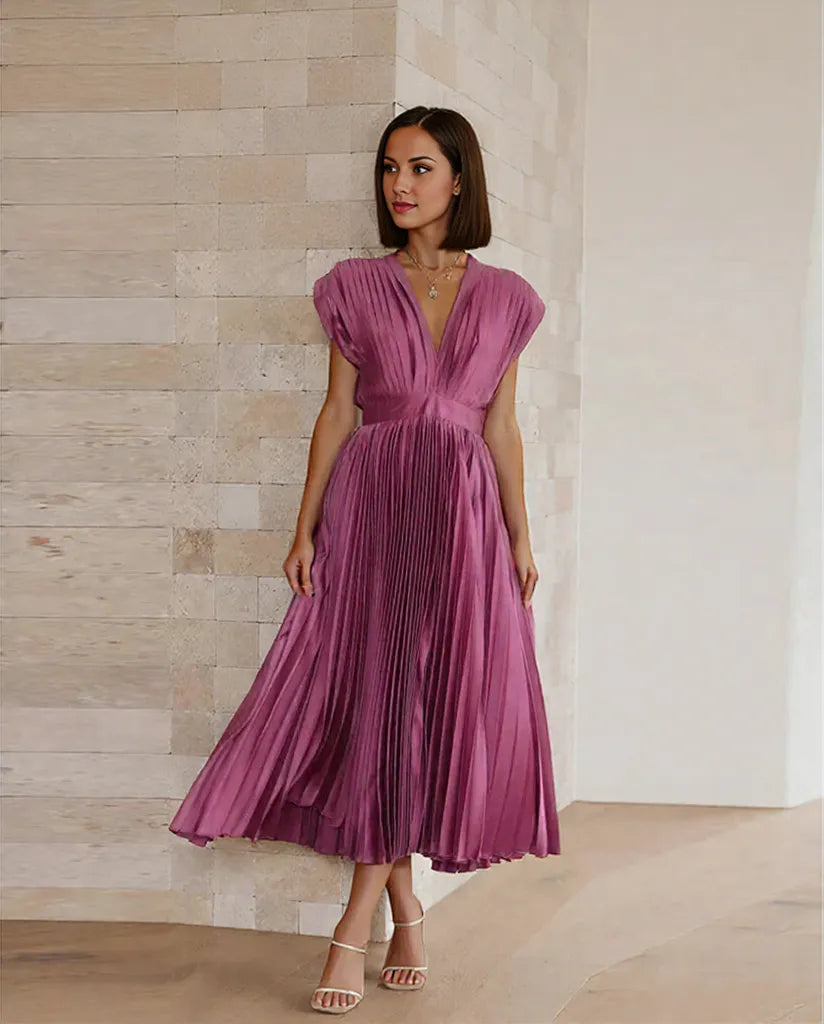Variant image for Damen Maxikleid V-Ausschnitt Falten Design Ziegelrot Grün Rosa Schwarz Blau Grau Lila Sommerlange Kleider-25