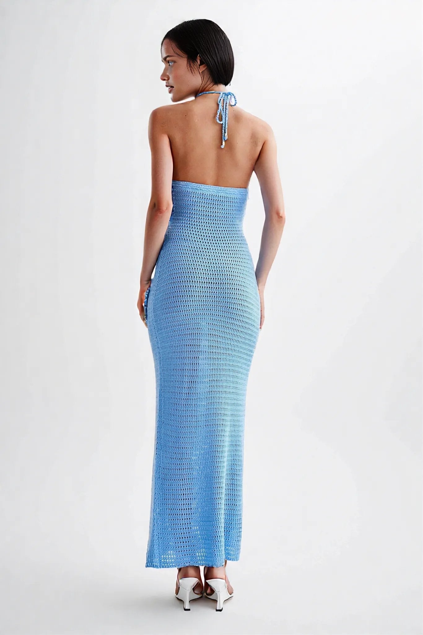 Damen Maxi Kleid Halter Ausschnitt Blumen Häkel Design Braun Knöchellang Sommerkleider-6
