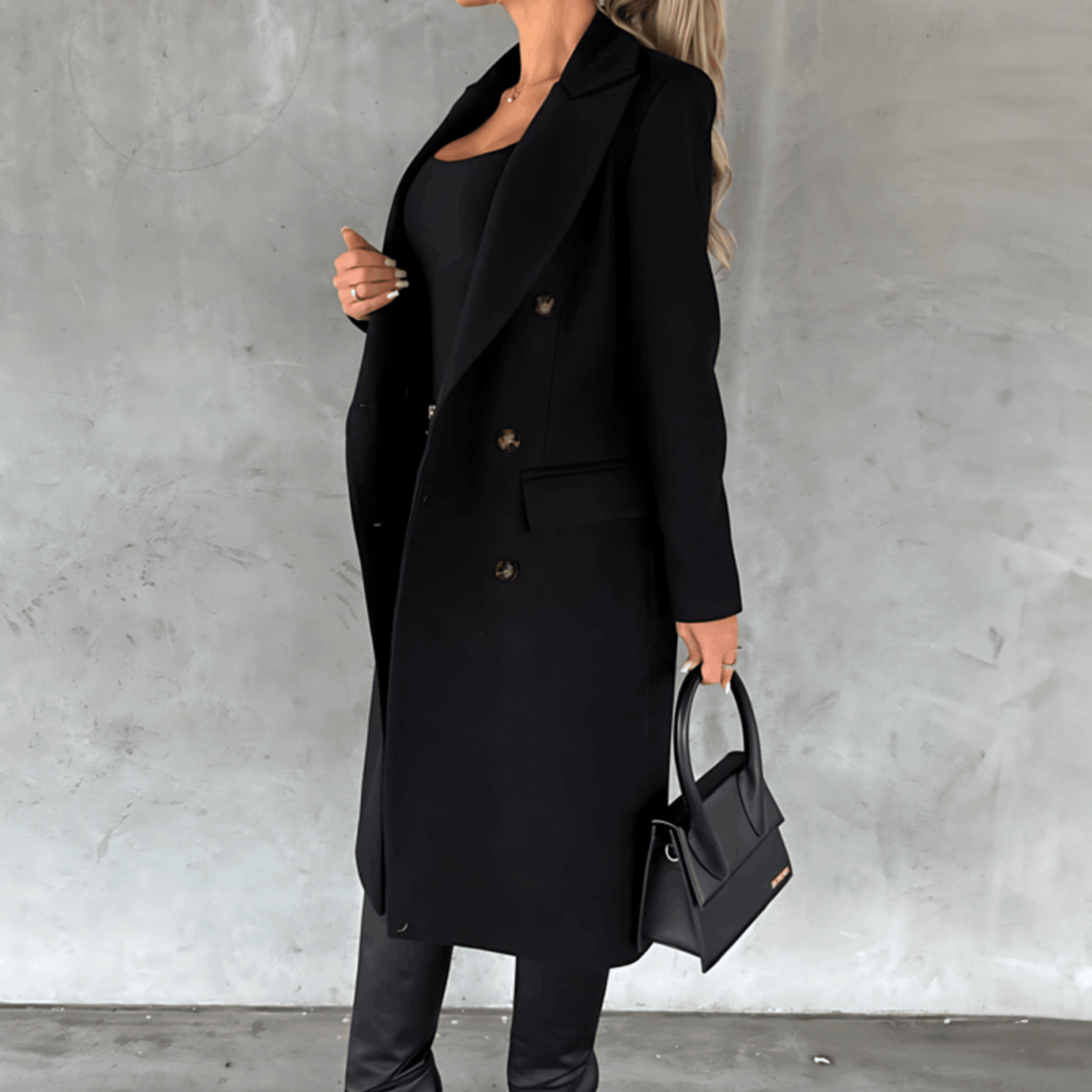 Alta – Lange elegante Smart-Casual-Jacke mit Knöpfen und hohem Kragen