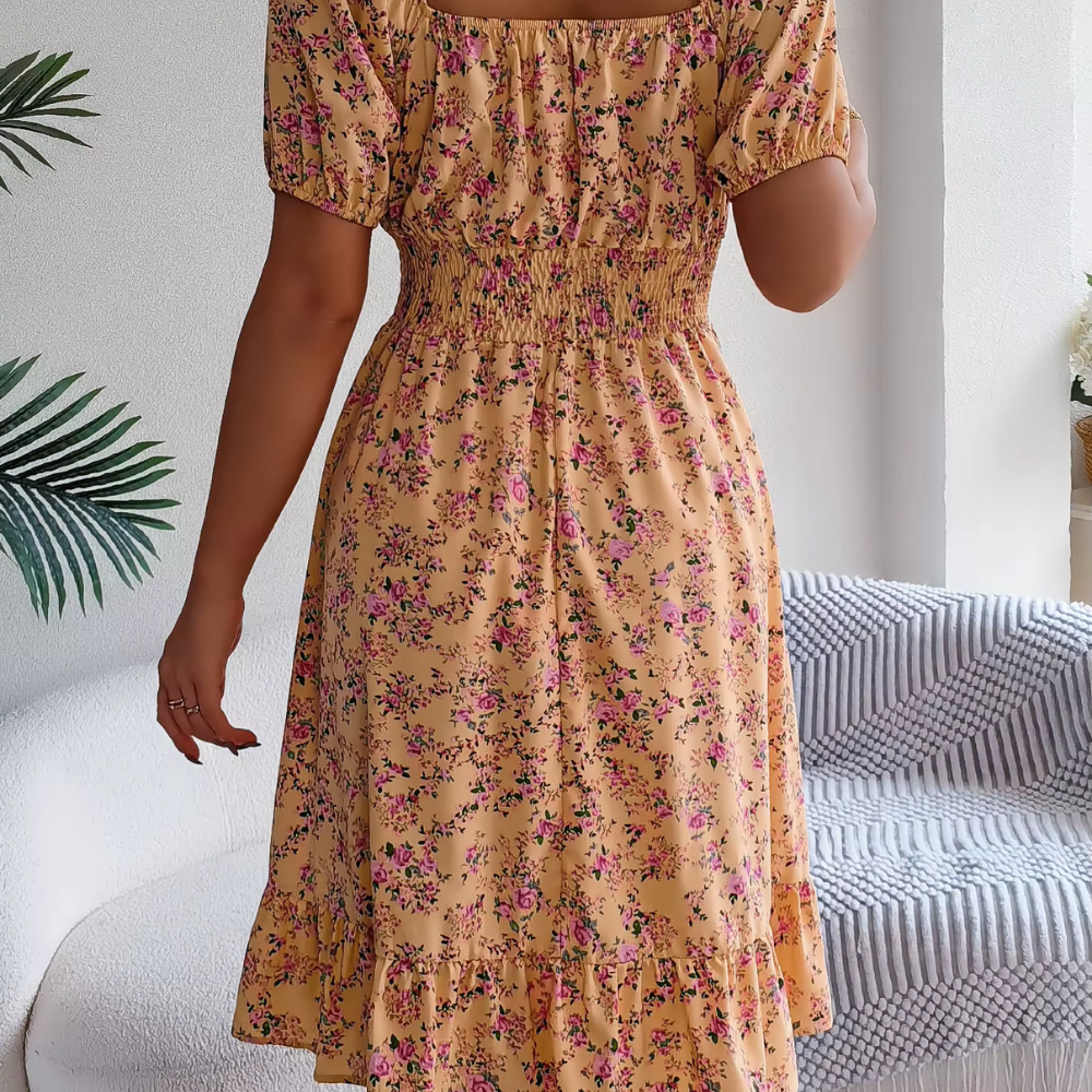 Damen Blumenkleid Floral Tailliert Mit Puffärmeln Leicht Für Frühling Sommer-3