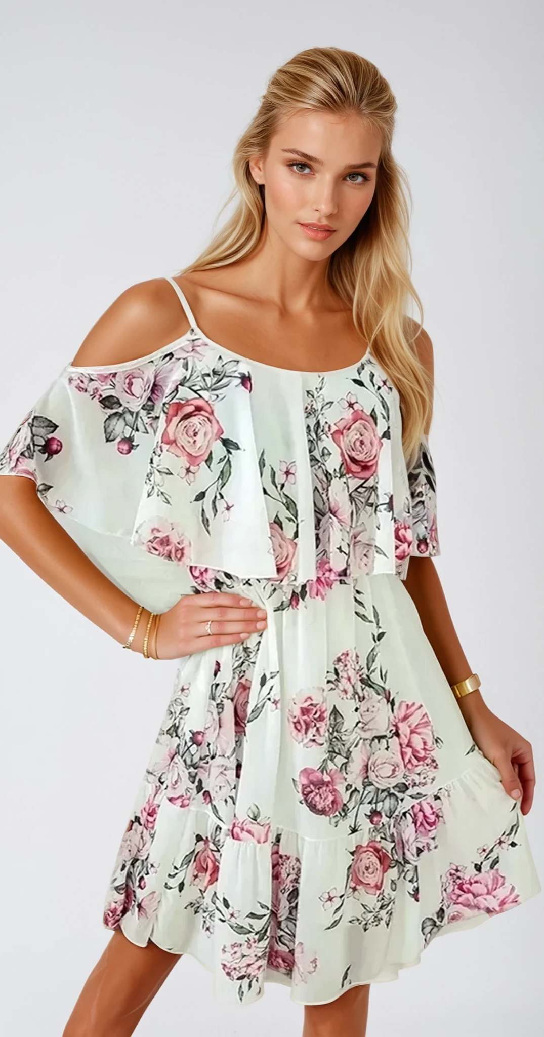 ELARA – Chiffon Kleid mit Blumenmuster und V-Ausschnitt