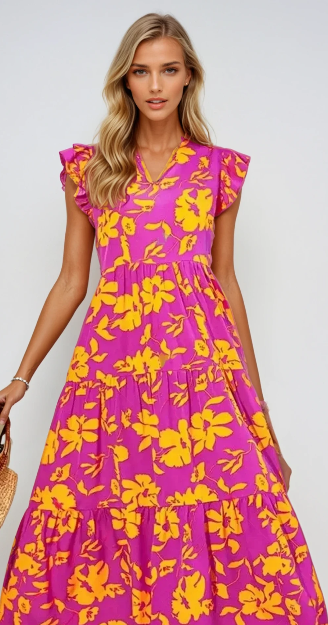 RUFFLED CAP SLEEVE MIDI DRESS – Elegantes Sommerkleid mit Rüschenärmeln