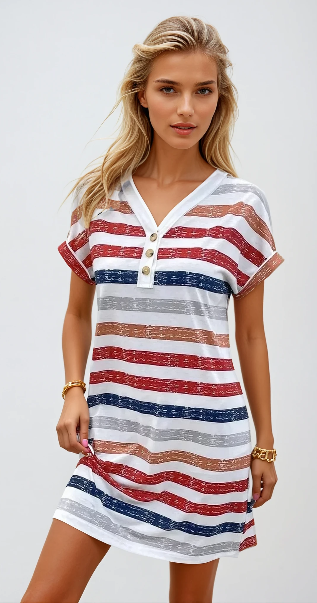 SUNSHINE STRIPES – V-Ausschnitt Kurzarmkleid mit Streifen