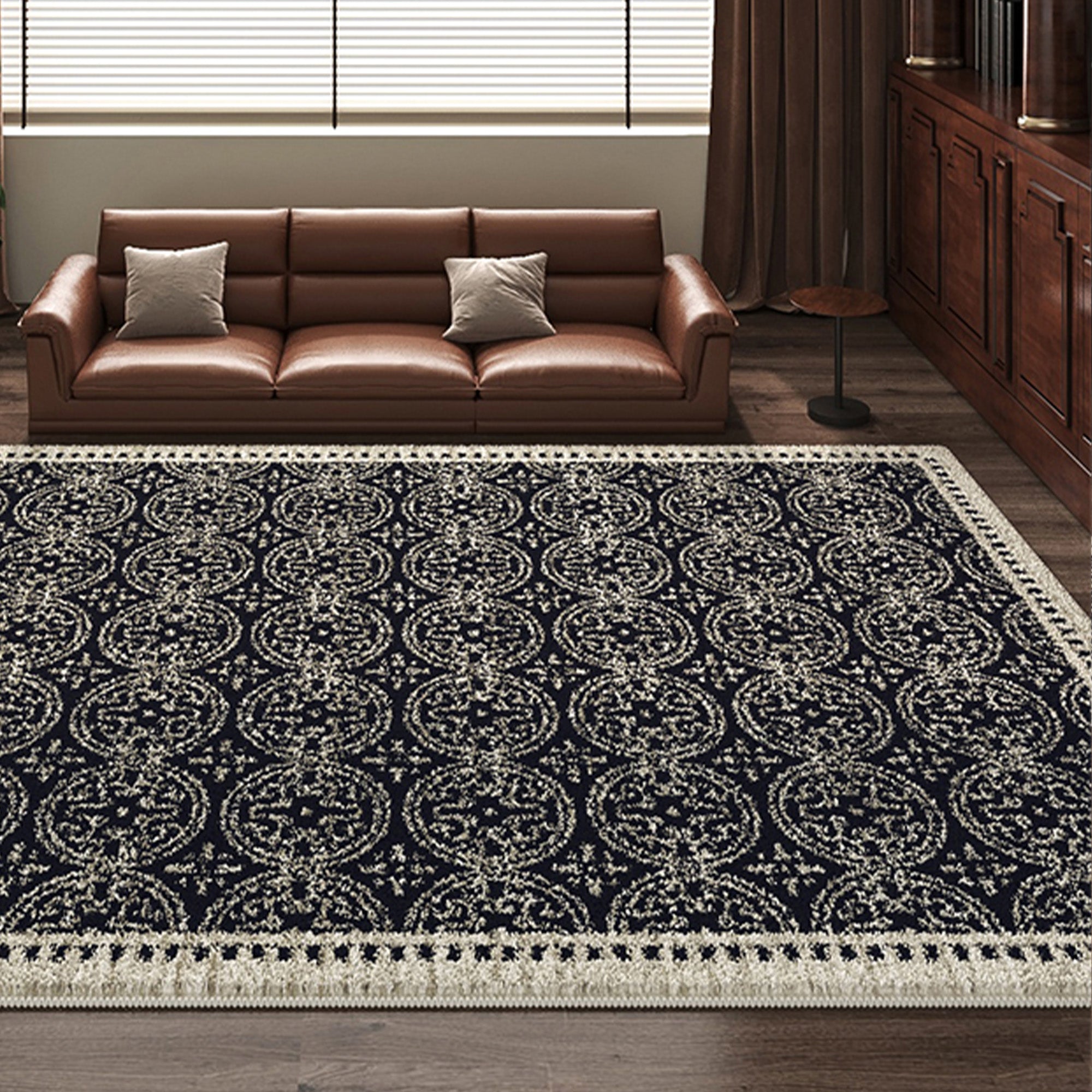 Traditioneller Waschbarer Teppich in Schwarz und Creme - Langlebig, Pflegeleicht für Wohnzimmer und Haustiere-6