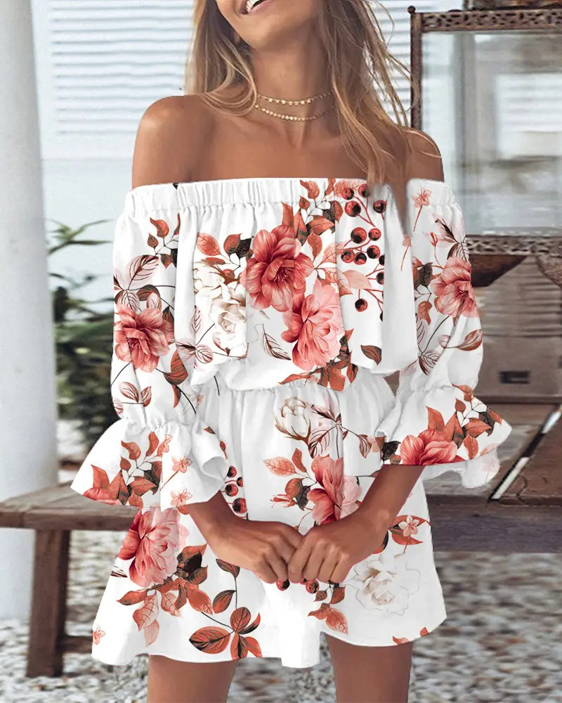Damenkleid Schulterfrei Boho-Blattmuster Festlich Leichtes Material Ideal Für Hochzeitsgast Sommerpartys-6