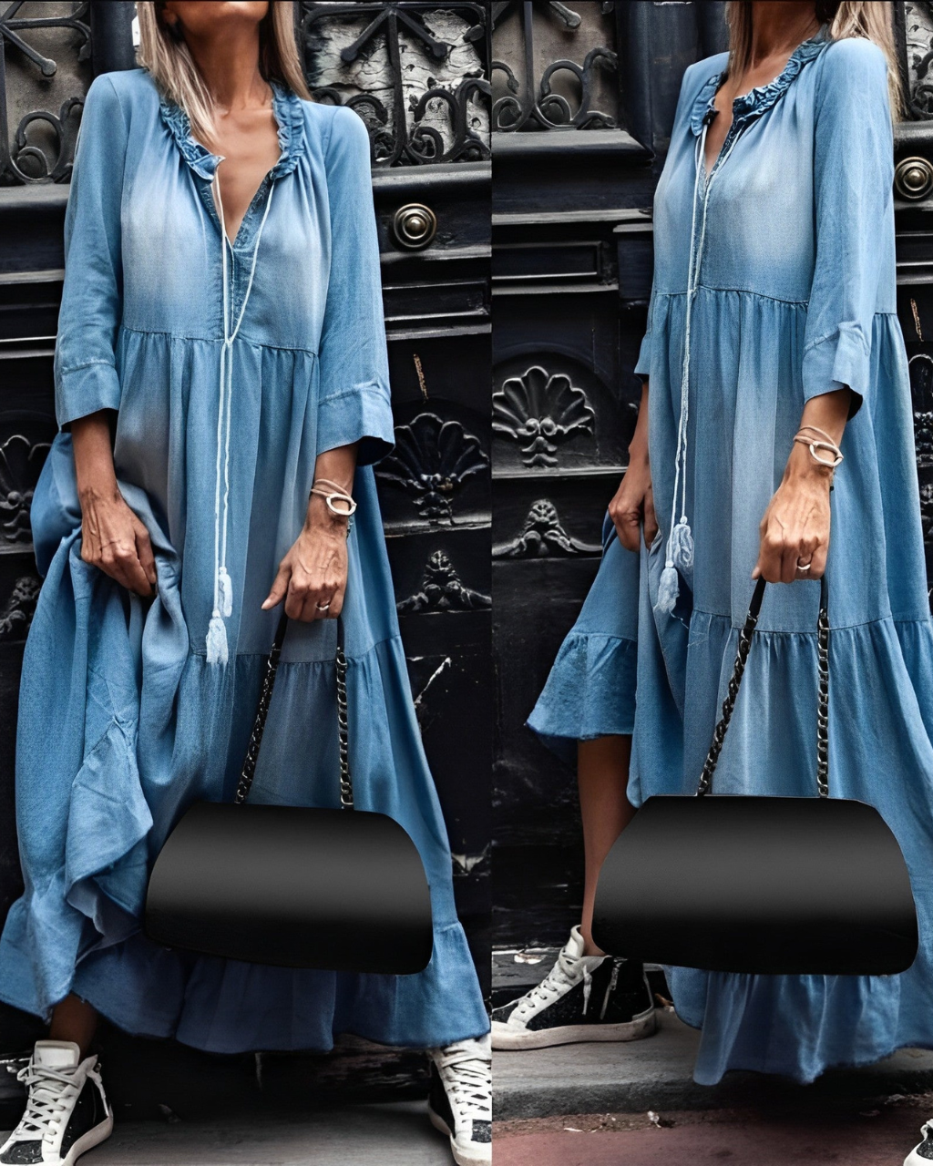 Damen Maxikleid Denim Vintage Stil Mit Rüsche Und Langen Ärmeln Sommerkleider-4