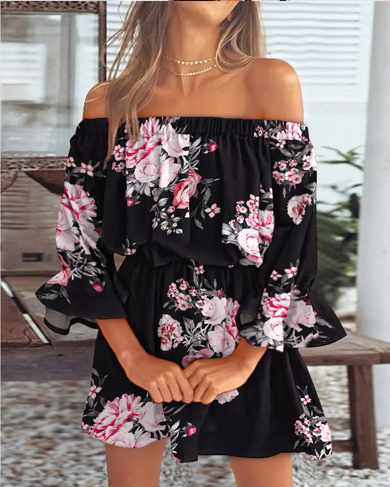 Damenkleid Schulterfrei Boho-Blattmuster Festlich Leichtes Material Ideal Für Hochzeitsgast Sommerpartys-1