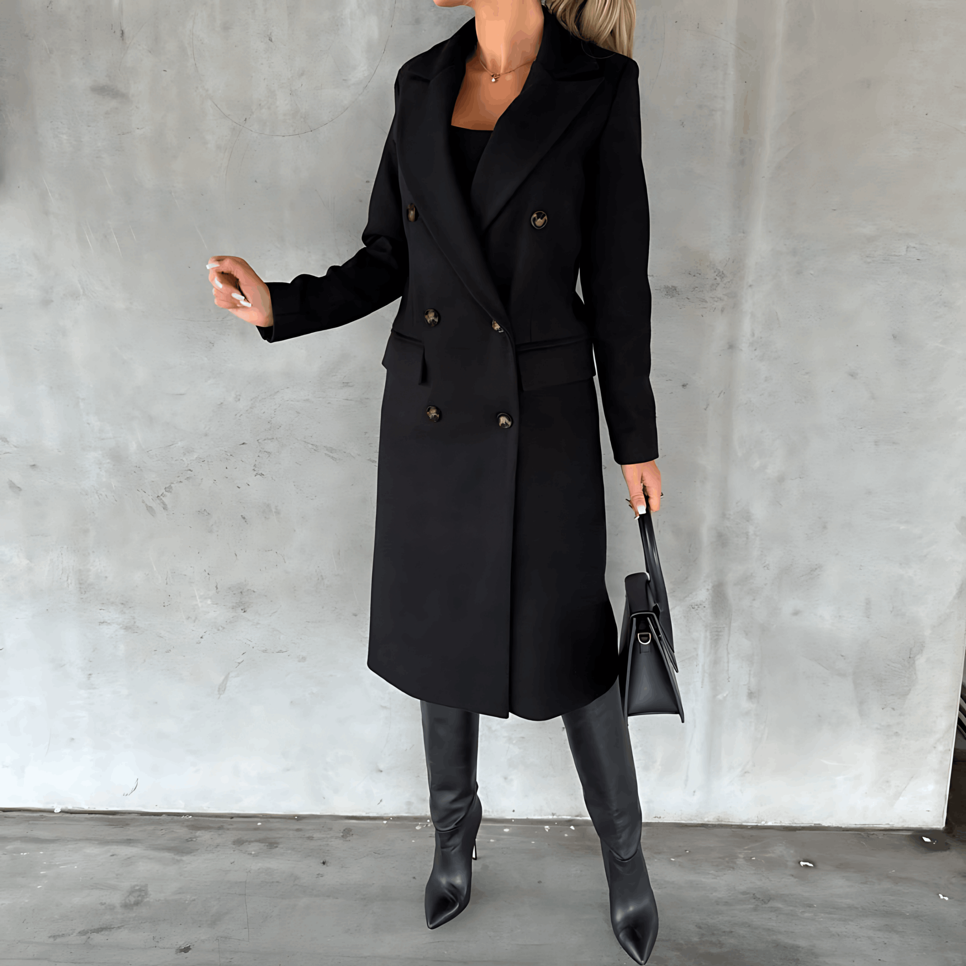 Alta – Lange elegante Smart-Casual-Jacke mit Knöpfen und hohem Kragen