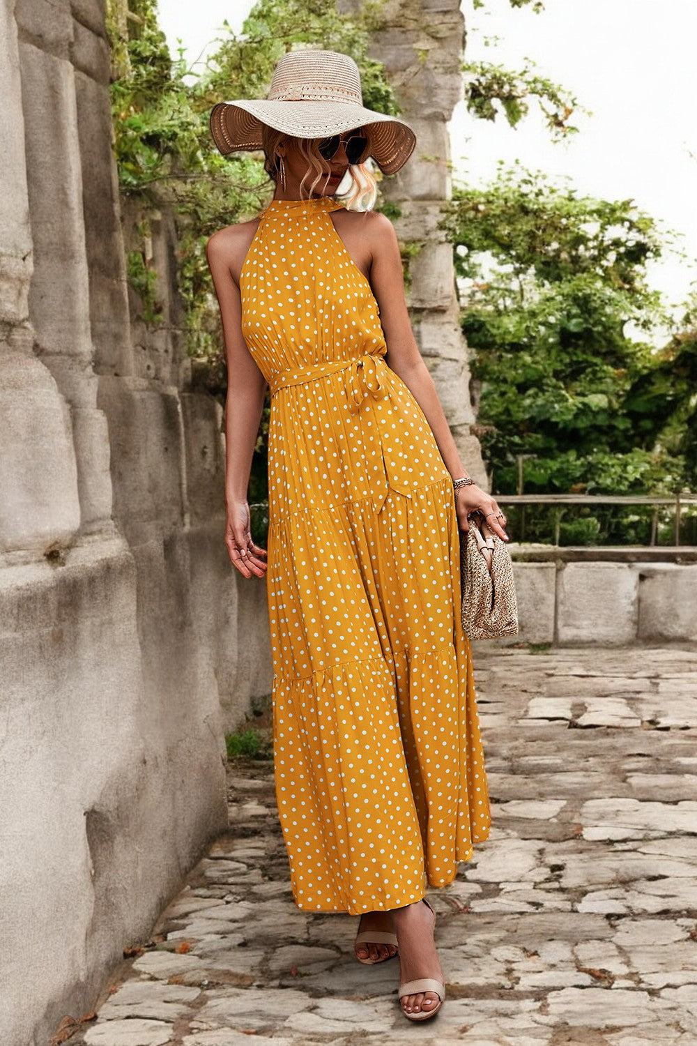 POLKA DOT MAXIKLEID – Langes Kleid mit Taillengürtel und Muster