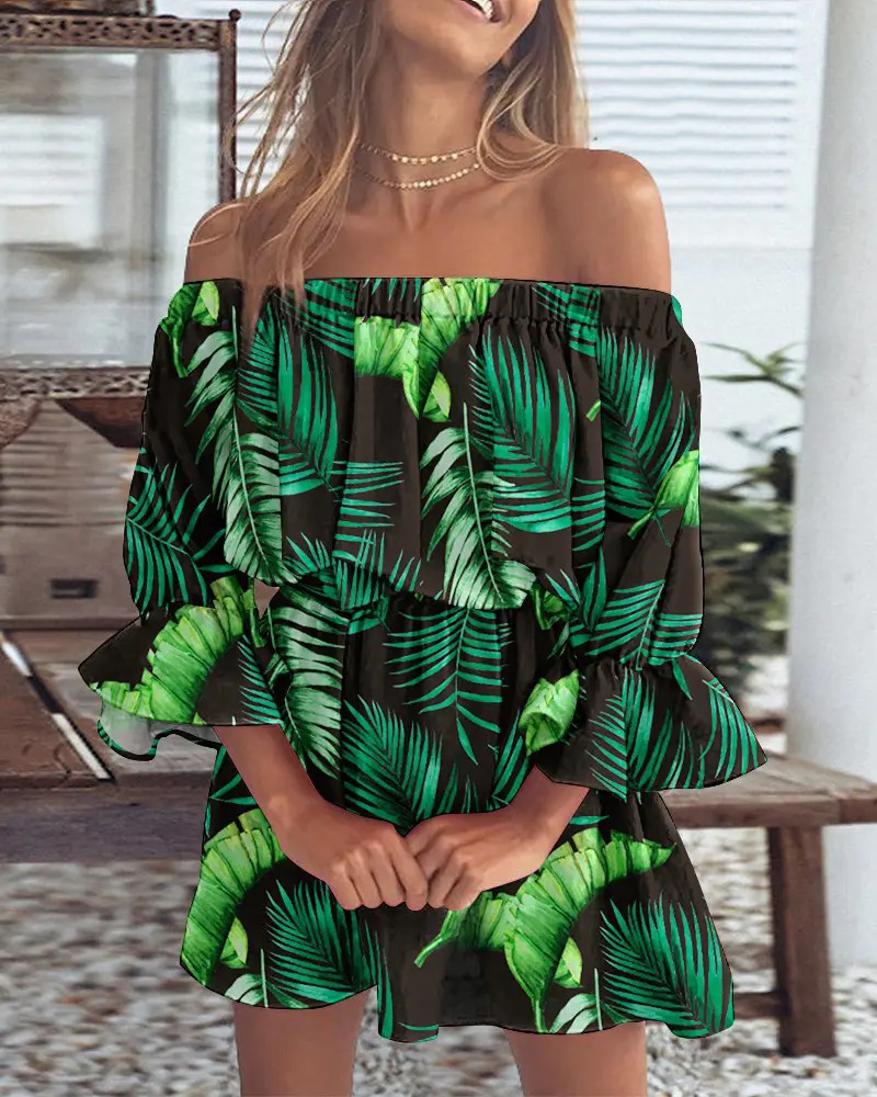 Damenkleid Schulterfrei Boho-Blattmuster Festlich Leichtes Material Ideal Für Hochzeitsgast Sommerpartys-3