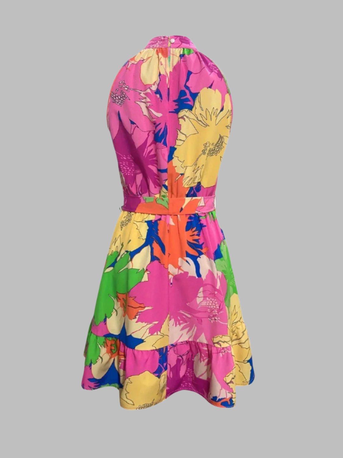SUNSET BLOOM – Kleid mit Stehkragen und Bindegürtel