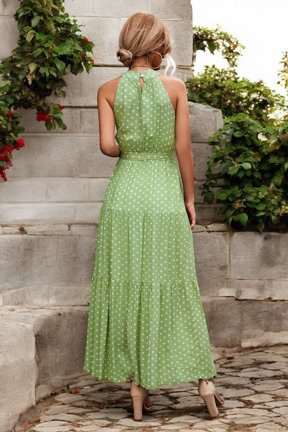 POLKA DOT MAXIKLEID – Langes Kleid mit Taillengürtel und Muster