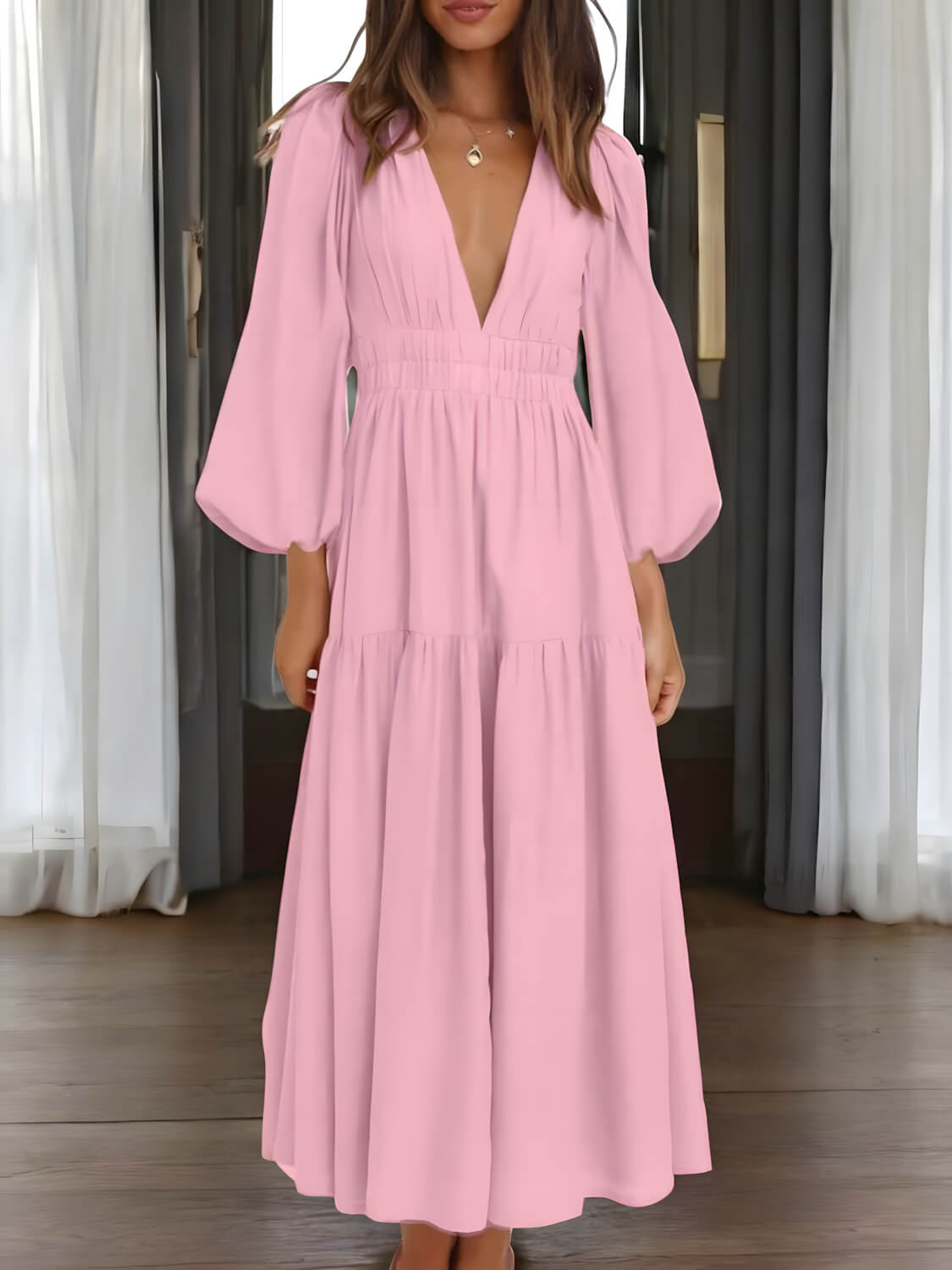 LUXE – Maxikleid mit Ballonärmeln und V-Ausschnitt