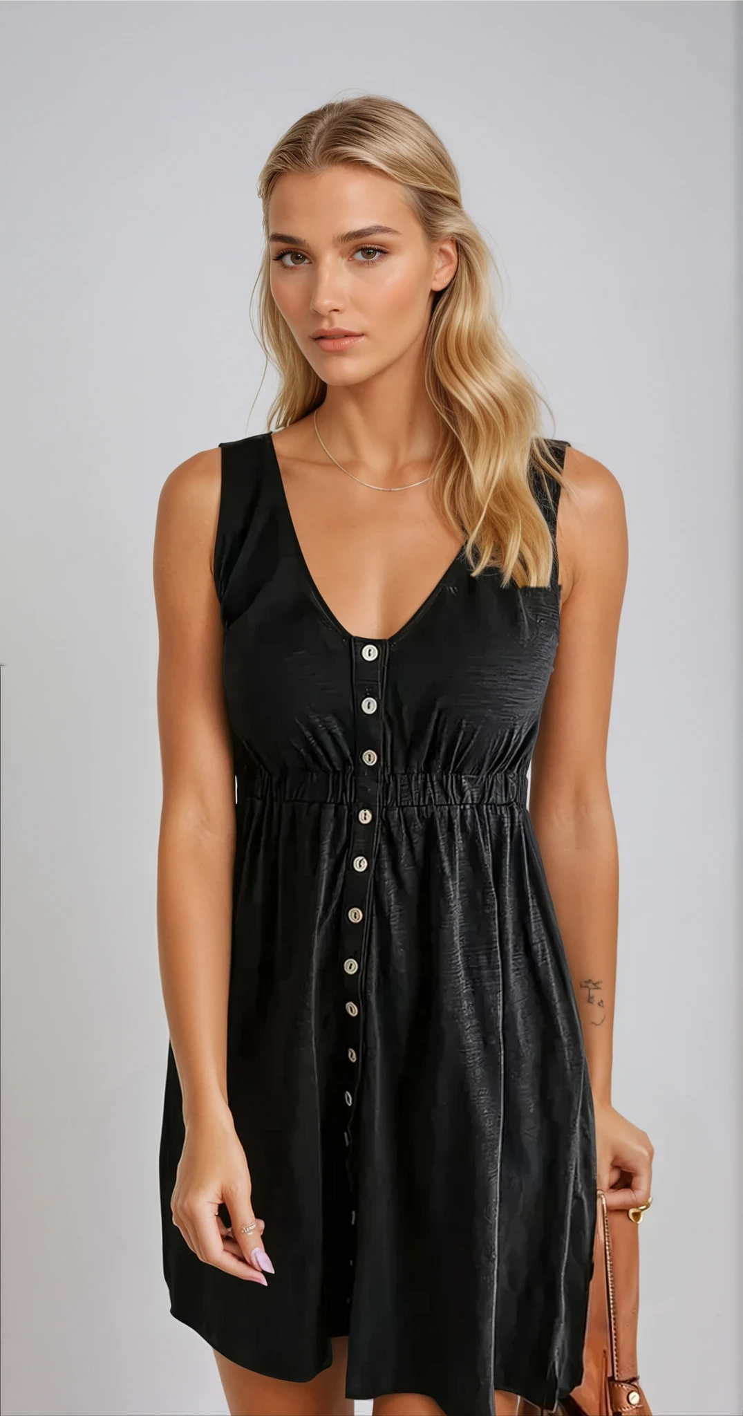 TALIA – Knopfverschluss Sommerkleid mit Kurzarm und V-Ausschnitt