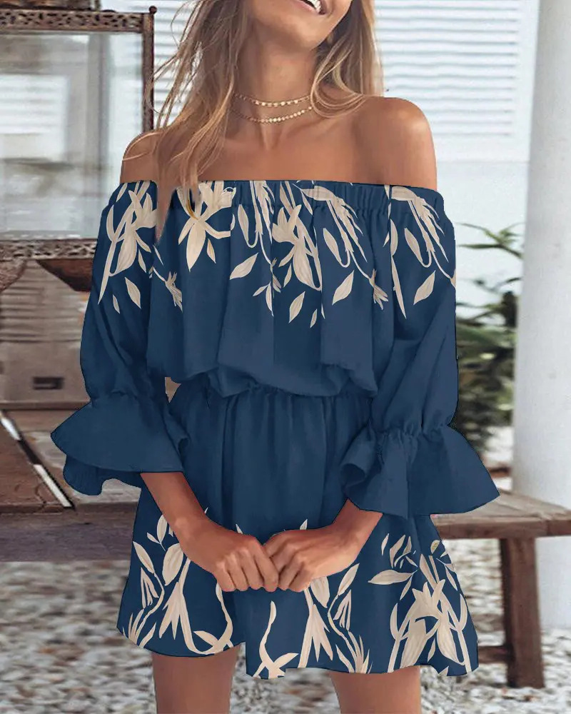 Damenkleid Schulterfrei Boho-Blattmuster Festlich Leichtes Material Ideal Für Hochzeitsgast Sommerpartys-4