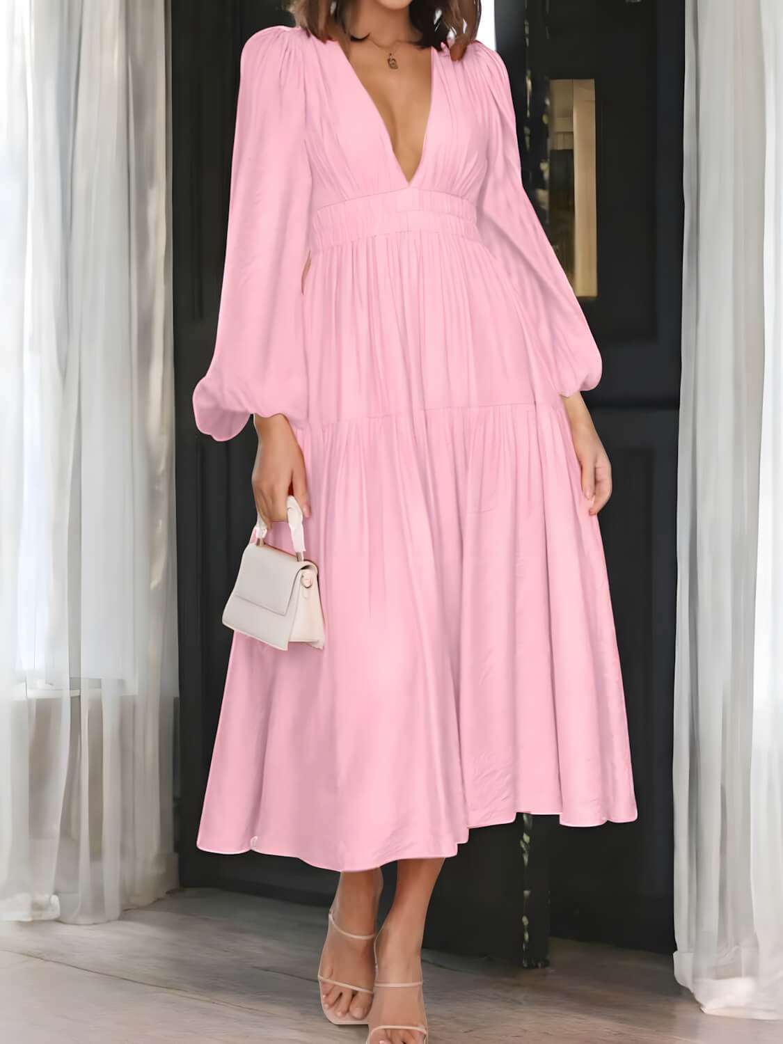 LUXE – Maxikleid mit Ballonärmeln und V-Ausschnitt