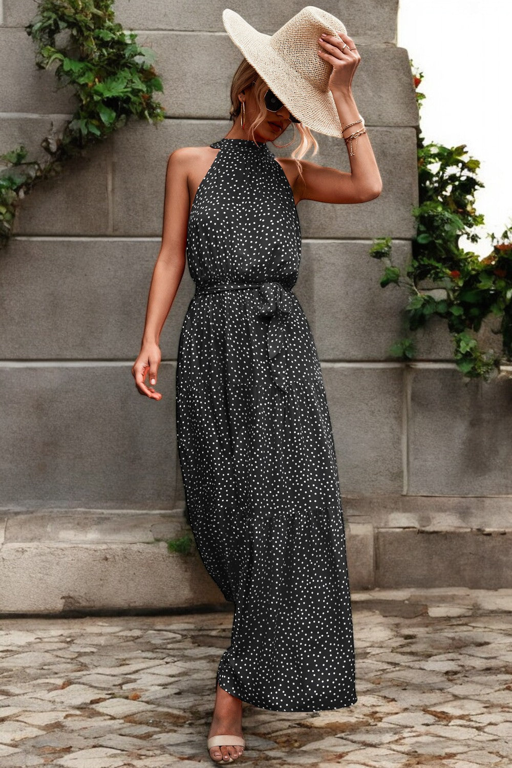 POLKA DOT MAXIKLEID – Langes Kleid mit Taillengürtel und Muster