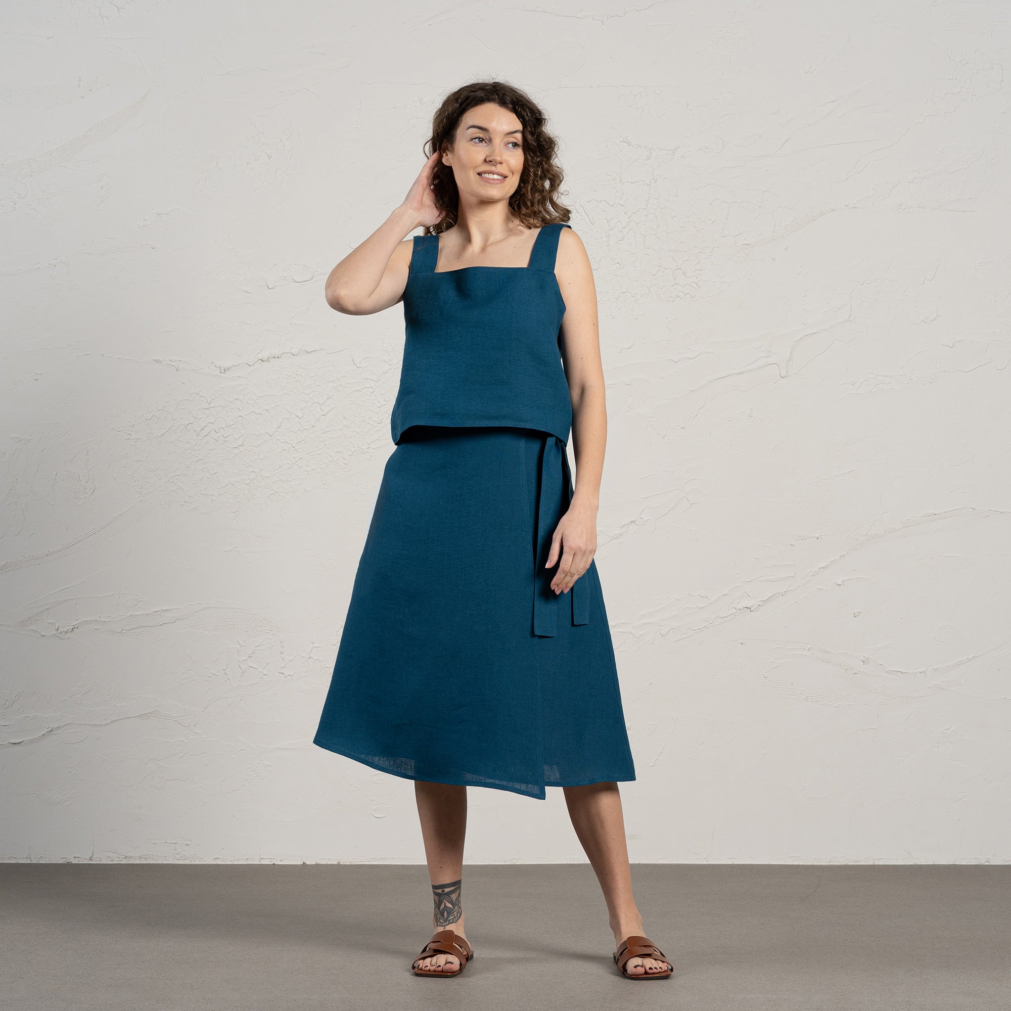Damen Wickelrock Lang aus 100% Leinen mit Verstellbarem Gürtel und Knöpfen, Midi-Länge, Hoch geschnitten, Praktische Taschen-5