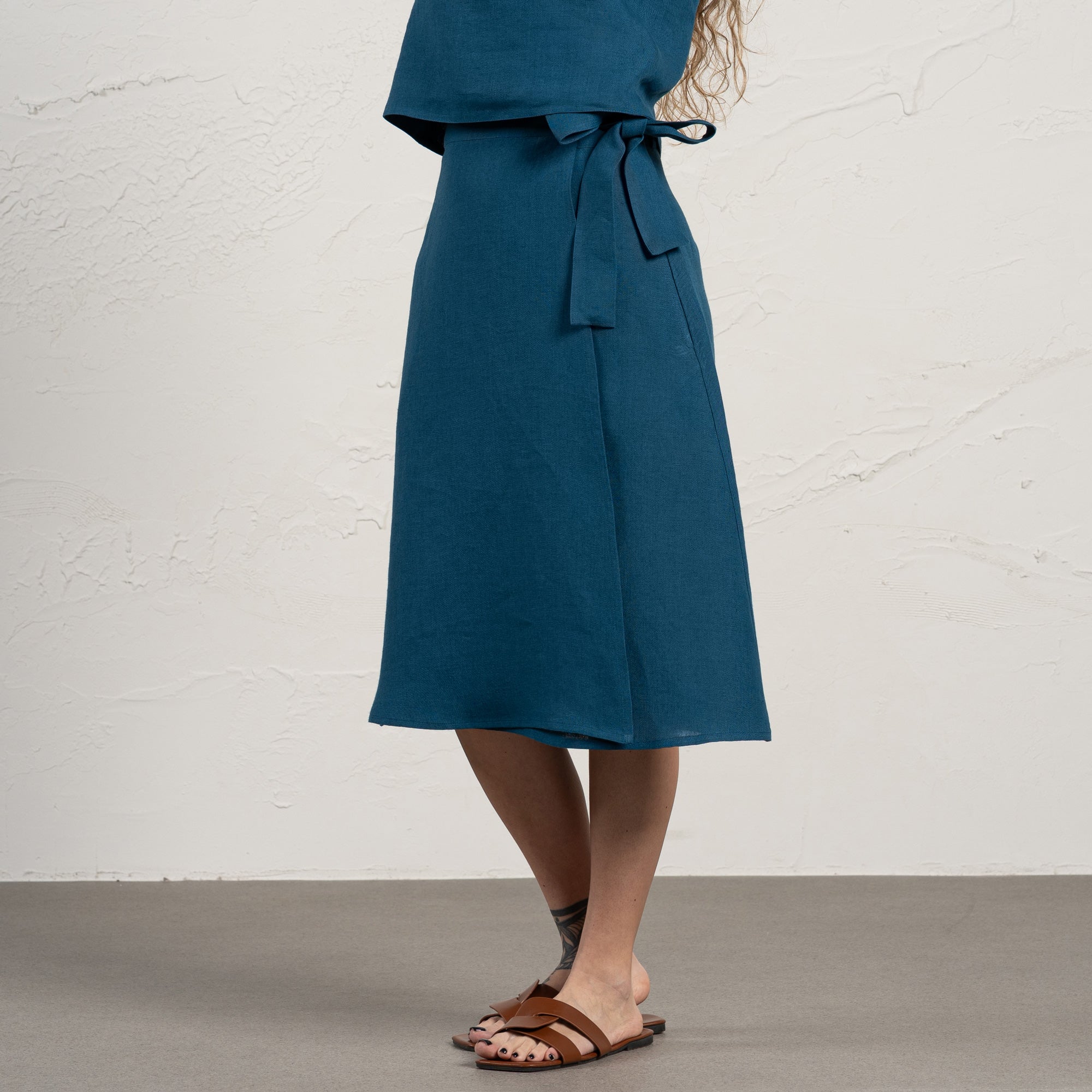 Variant image for Damen Wickelrock Lang aus 100% Leinen mit Verstellbarem Gürtel und Knöpfen, Midi-Länge, Hoch geschnitten, Praktische Taschen-3