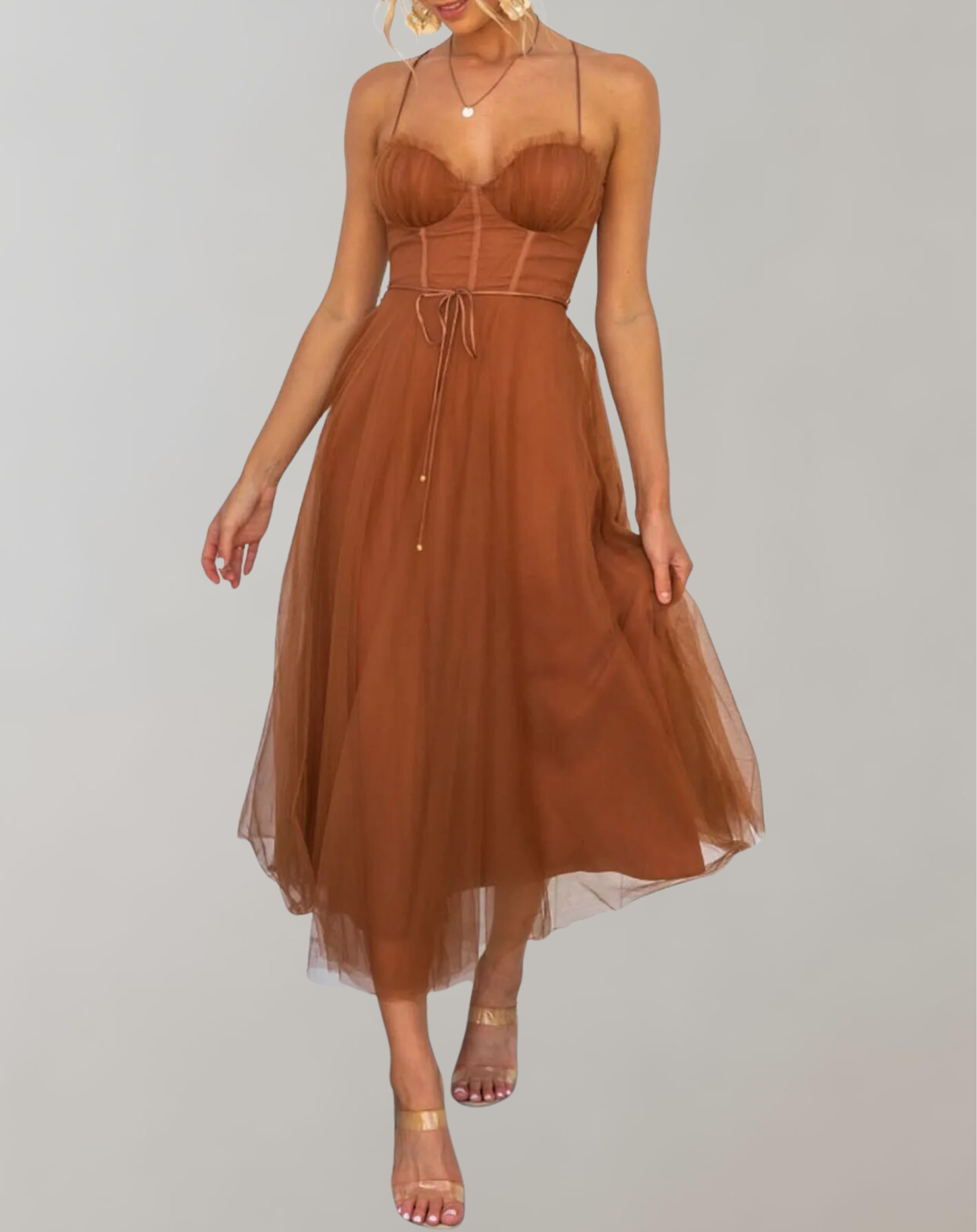 Damen Tüllkleid Festlich Elegant Hochzeitsgast Figurbetont Spaghettiträger Schwarz S-XL-2