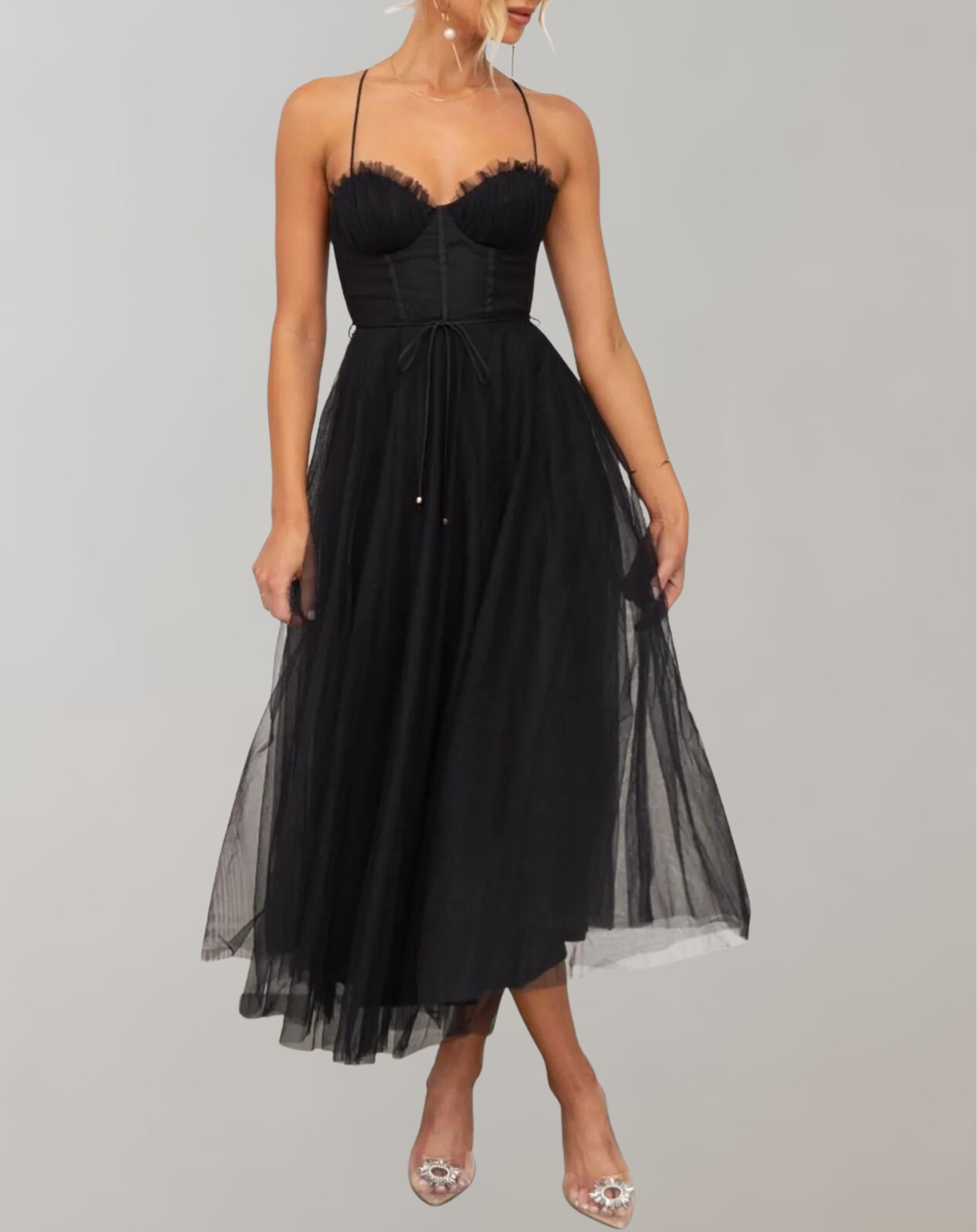 Damen Tüllkleid Festlich Elegant Hochzeitsgast Figurbetont Spaghettiträger Schwarz S-XL-1
