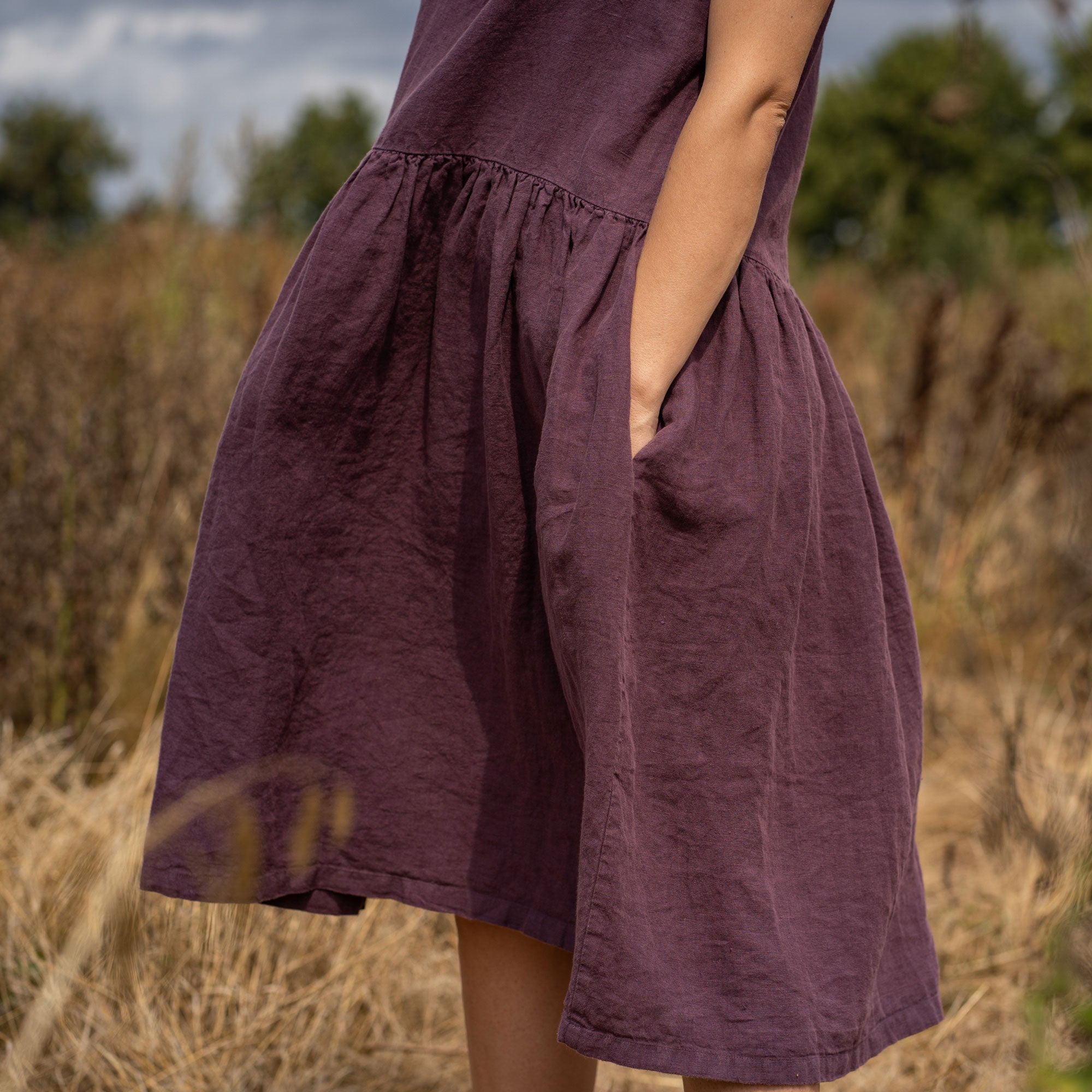 Damen Kleid Lockere Passform Lila 100% Bio-Leinen Flügelärmel mit Taschen-6