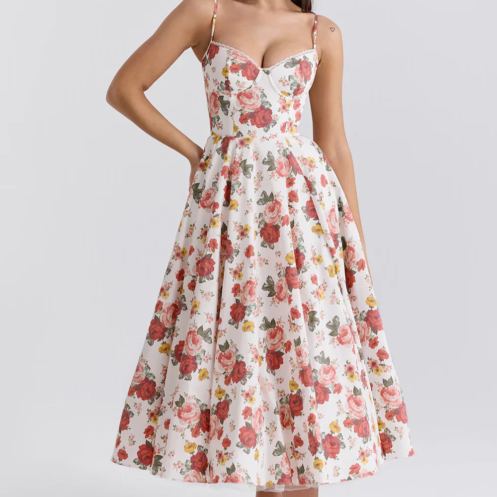 Damen Maxikleid Figurbetont Blumenmuster Spaghettiträger Sommer Hochzeitsgast Kleid-1
