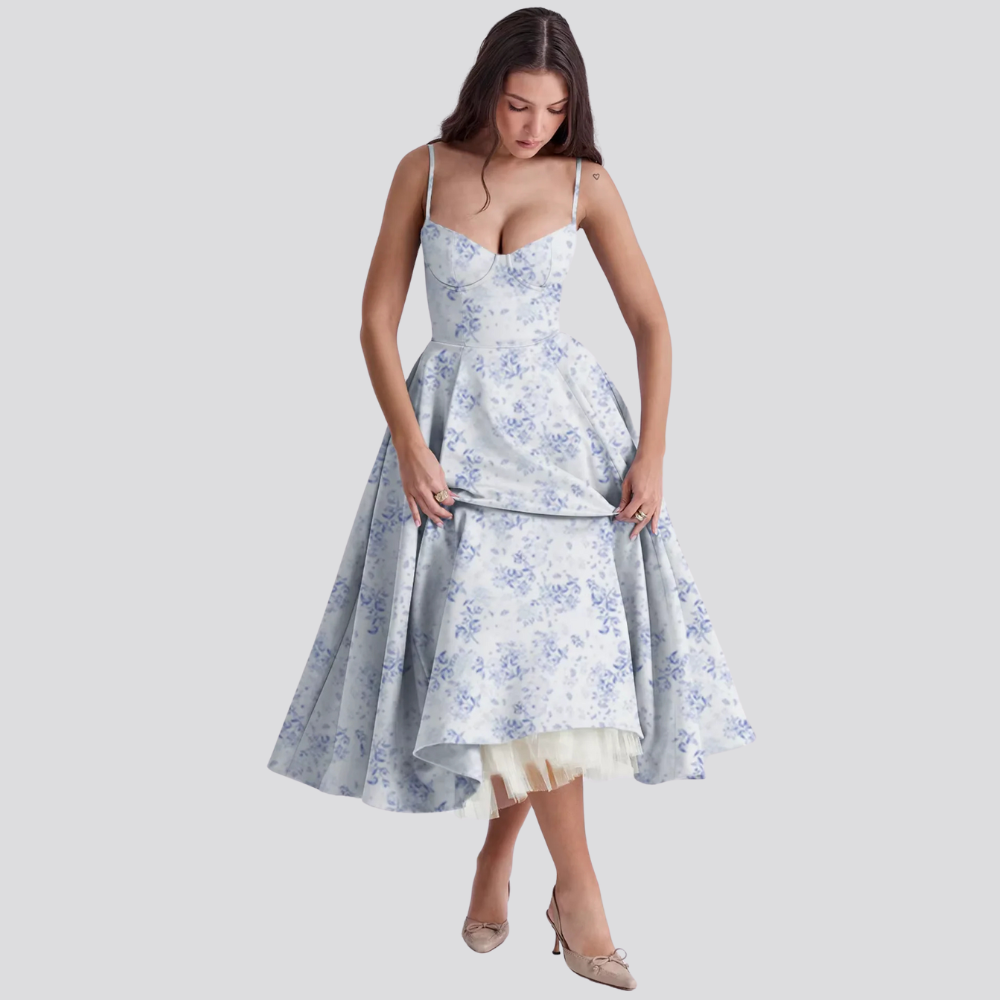 Damen Maxikleid Figurbetont Blumenmuster Spaghettiträger Sommer Hochzeitsgast Kleid-2
