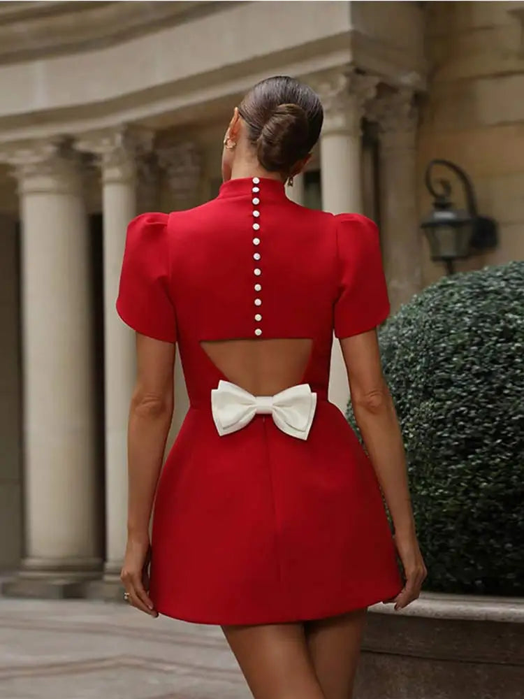 Damenkleid Rot Mini A-Linie Hohles Rückendesign Gepolsterte Schultern Festlich Kleid Hochzeitsgast-2
