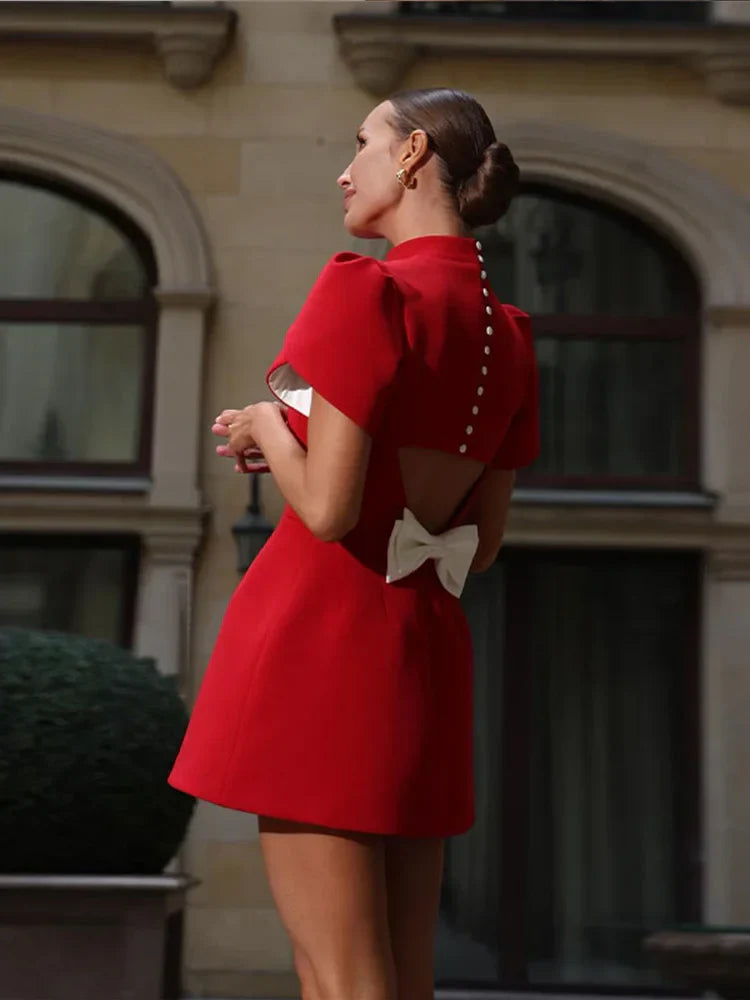Damenkleid Rot Mini A-Linie Hohles Rückendesign Gepolsterte Schultern Festlich Kleid Hochzeitsgast-5