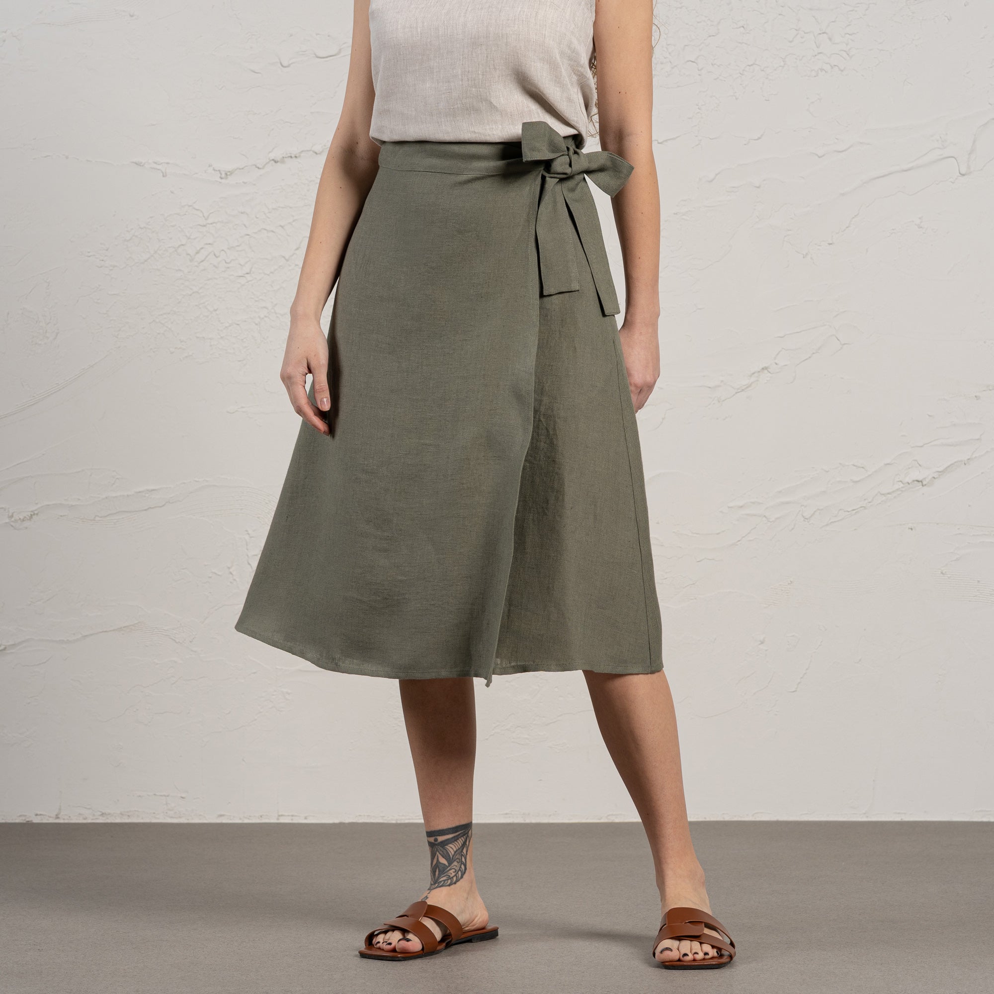 Damen Wickelrock Lang aus 100% Leinen mit Verstellbarem Gürtel und Knöpfen, Midi-Länge, Hoch geschnitten, Praktische Taschen-2