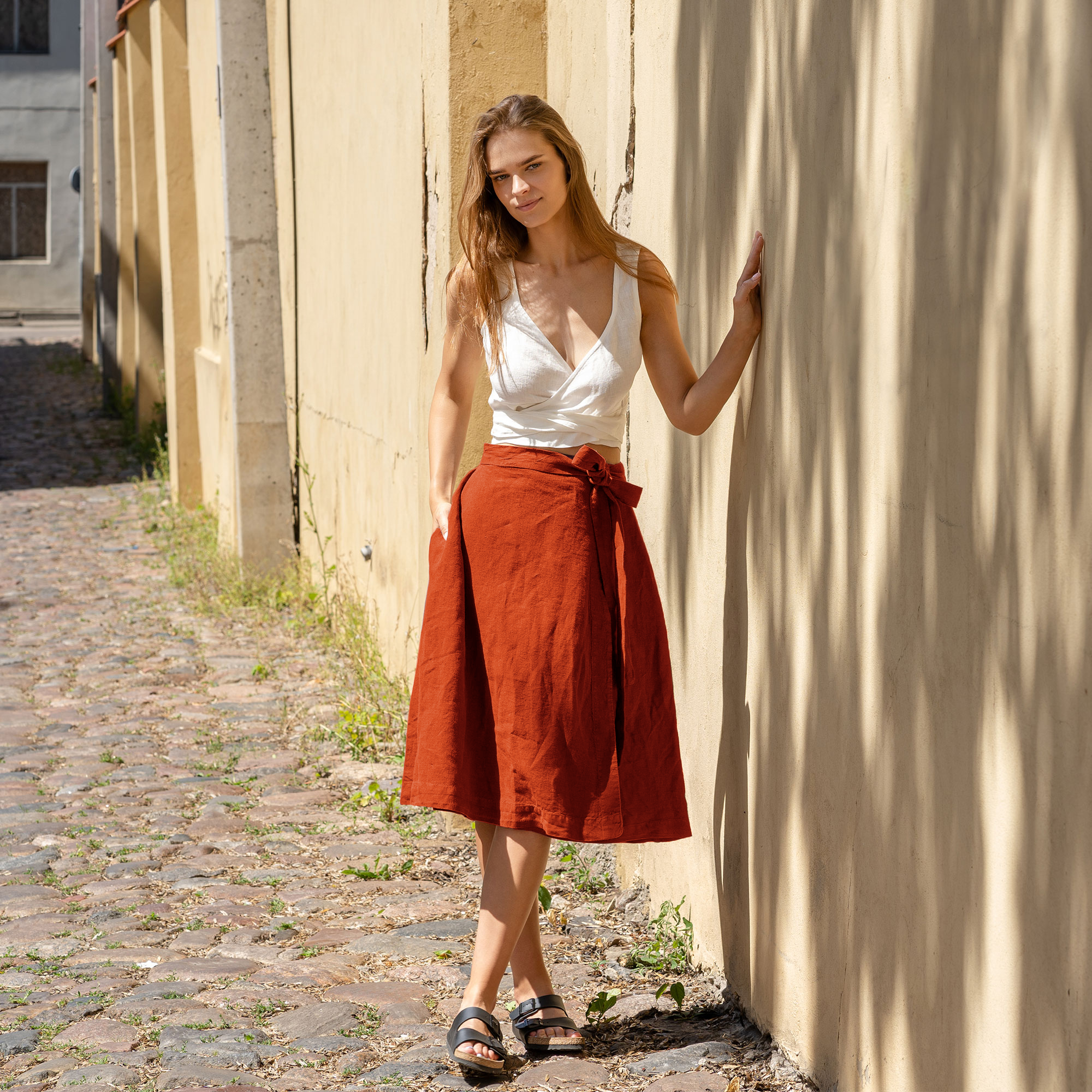 Variant image for Damen Wickelrock Lang aus 100% Leinen mit Verstellbarem Gürtel und Knöpfen, Midi-Länge, Hoch geschnitten, Praktische Taschen-5