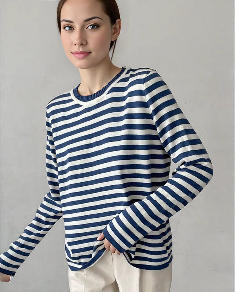 Variant image for Damen Langarm-Top Gestreift Entspanntes Design Atmungsaktiver Stoff S M L-1