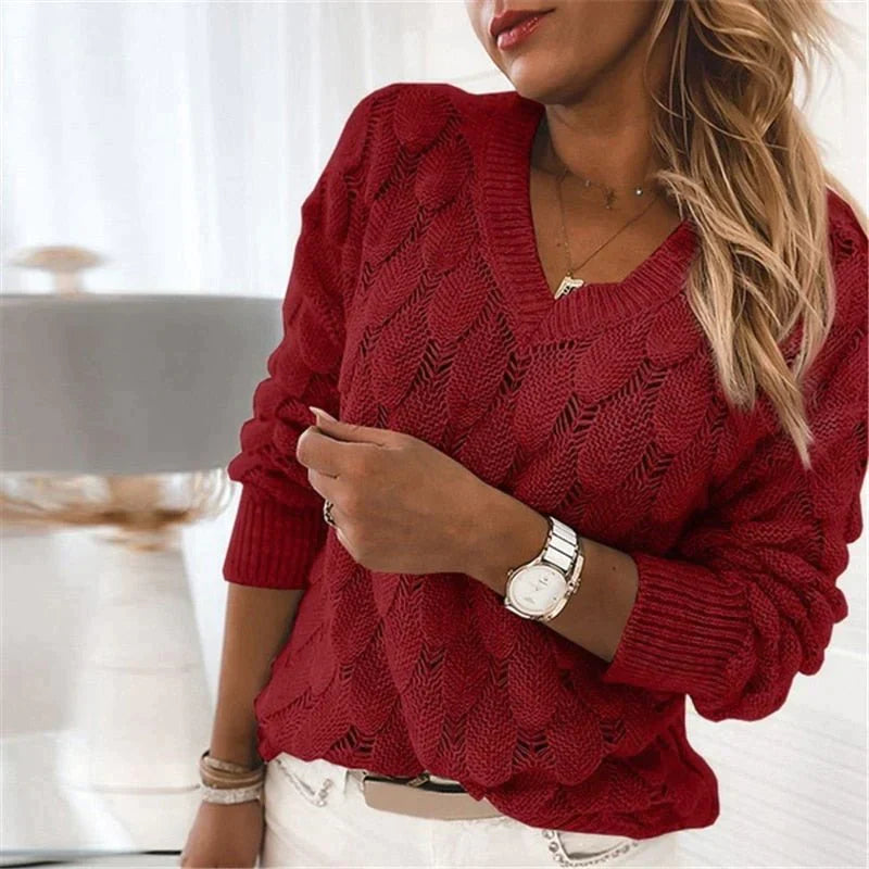 Sofia Venetti Feather - Damen Pullover mit V-Ausschnitt und Federmuster