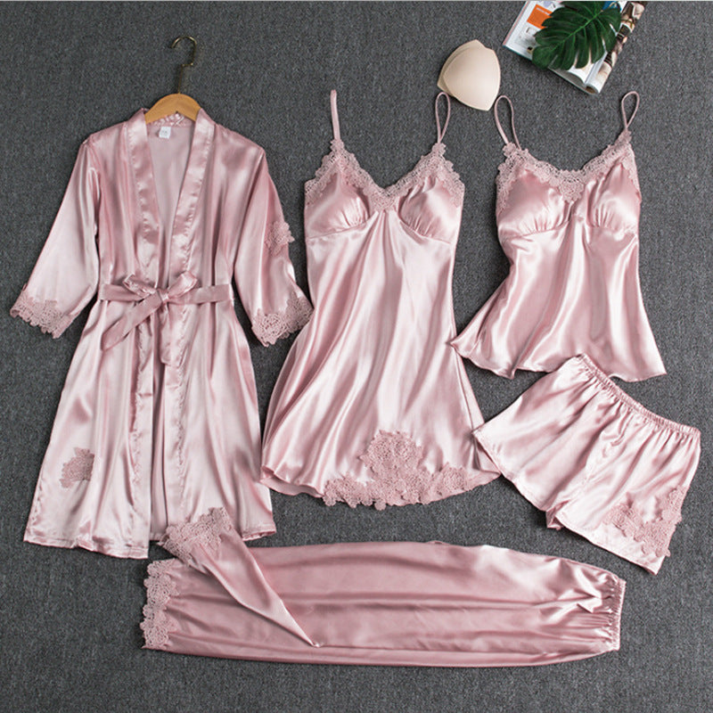 Damen Pyjama-Set Seide Kimono Top Shorts Nachtwäsche Schlafanzug-3