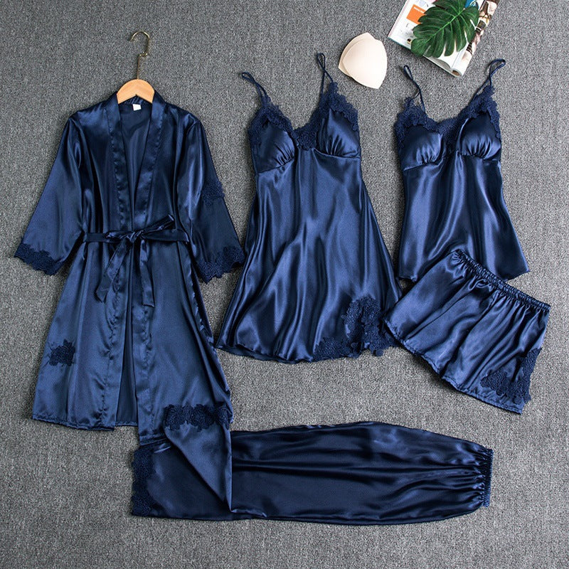 Damen Pyjama-Set Seide Kimono Top Shorts Nachtwäsche Schlafanzug-1