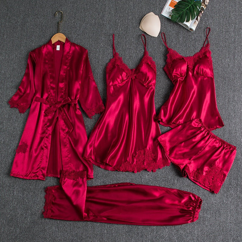 Damen Pyjama-Set Seide Kimono Top Shorts Nachtwäsche Schlafanzug-2