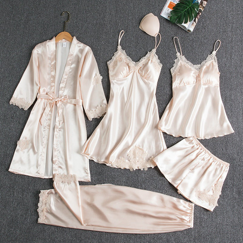 Damen Pyjama-Set Seide Kimono Top Shorts Nachtwäsche Schlafanzug-4