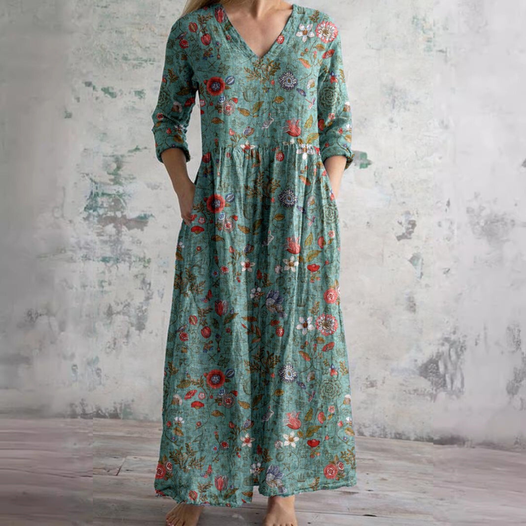 Variant image for Damen Maxikleid Floral V-Ausschnitt Knöchellang mit Dreiviertelärmeln für den Sommer-49