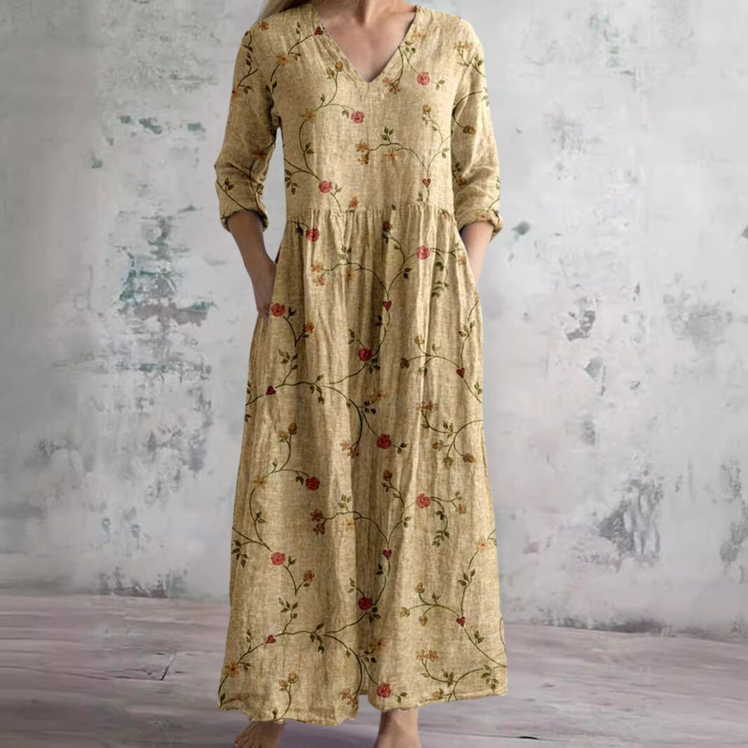 Damen Maxikleid Floral V-Ausschnitt Knöchellang mit Dreiviertelärmeln für den Sommer-5