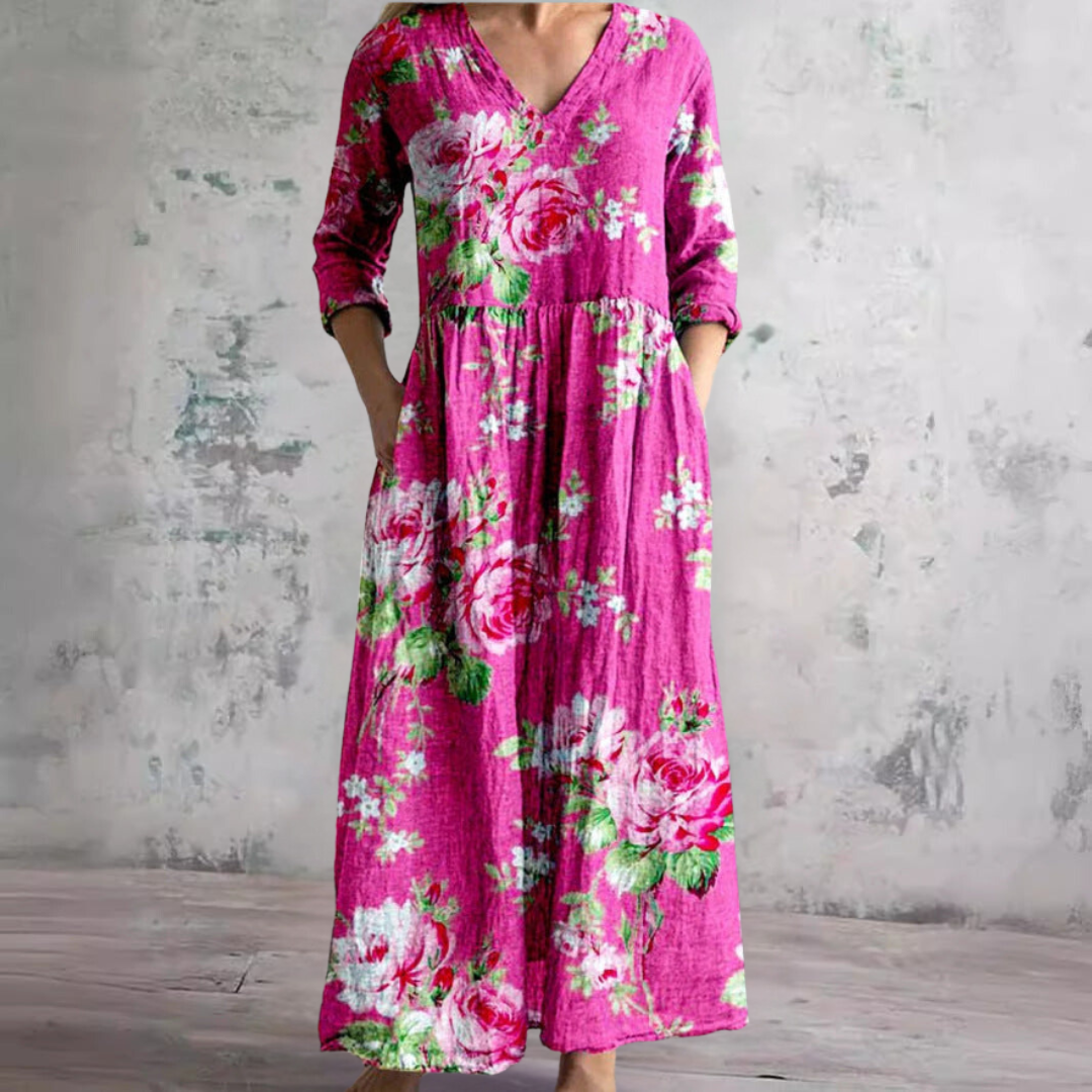 Damen Maxikleid Floral V-Ausschnitt Knöchellang mit Dreiviertelärmeln für den Sommer-6